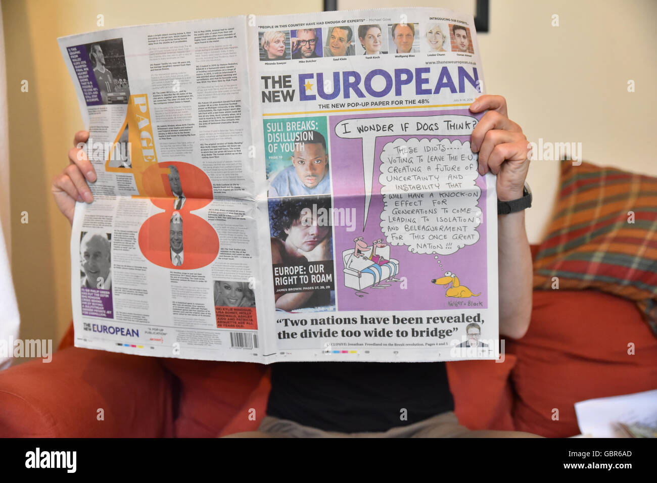 London, UK. 8. Juli 2016. Die neuen europäischen Pop-up-Zeitung zielte darauf ab, eine Stimme, die durch den Austritt Abstimmung bestürzt zu geben Stockfoto