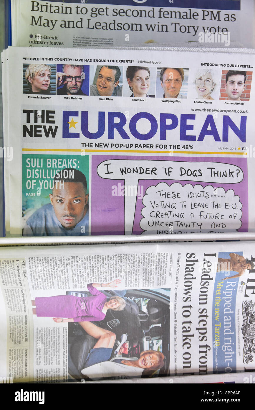 London, UK. 8. Juli 2016. Die neuen europäischen Pop-up-Zeitung zielte darauf ab, eine Stimme, die durch den Austritt Abstimmung bestürzt zu geben Stockfoto