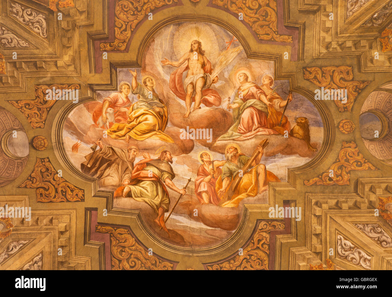 BRESCIA, Italien - 22. Mai 2016: Deckenfresko Himmelfahrt des Herrn in der Kirche Chiesa di Santa Agata von Pompeo Ghitti (1683) Stockfoto
