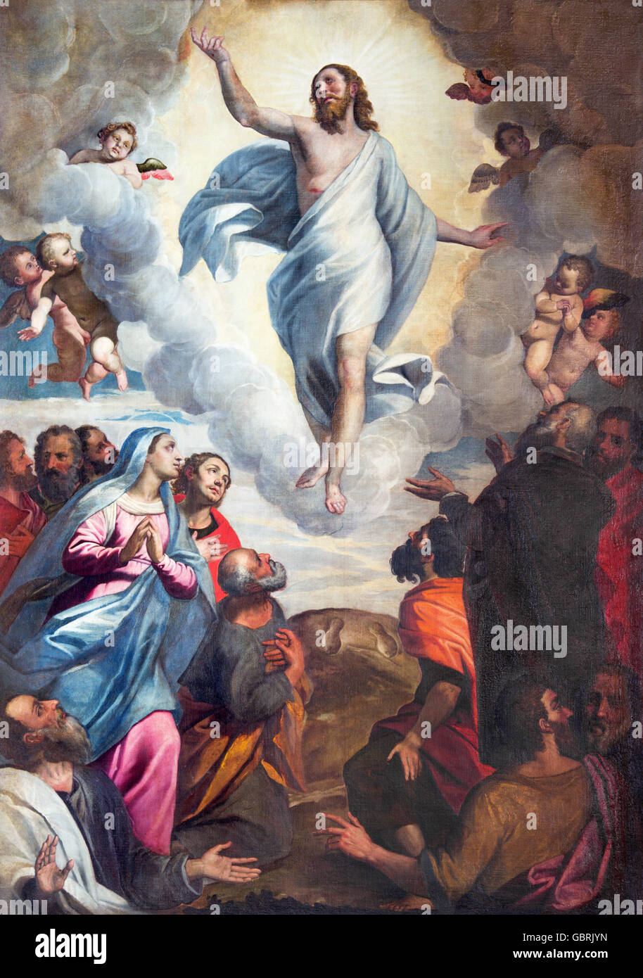 BRESCIA, Italien - 22. Mai 2016: Gemälde Himmelfahrt des Herrn in der Kirche Chiesa di Santa Maria del Carmine von Bernardino Gandino Stockfoto