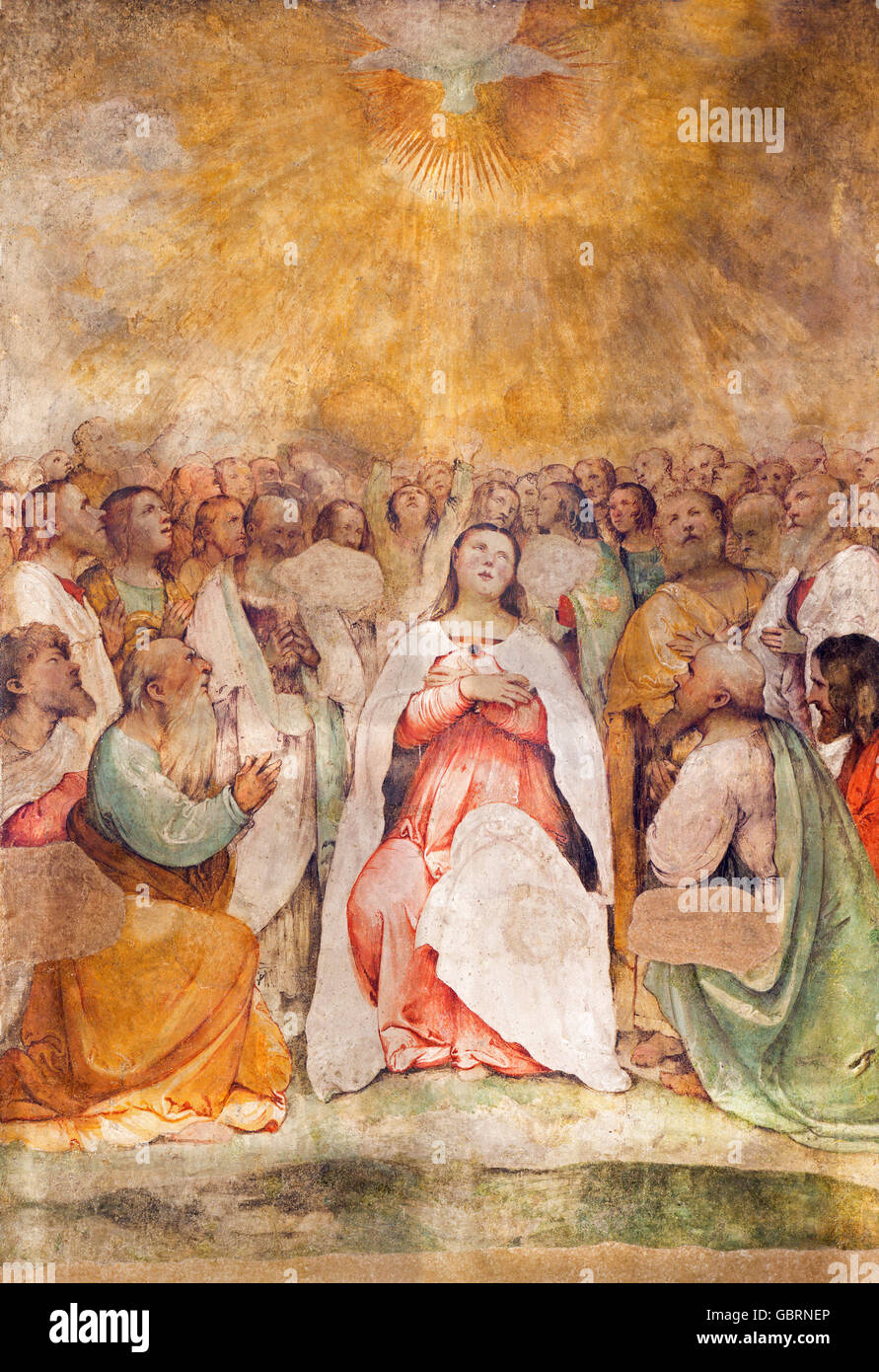 BRESCIA, Italien - 22. Mai 2016: Das Fresko von Pfingsten in der Kirche Chiesa di San Francesco Lucini von Girolamo Romani - Romanino Stockfoto