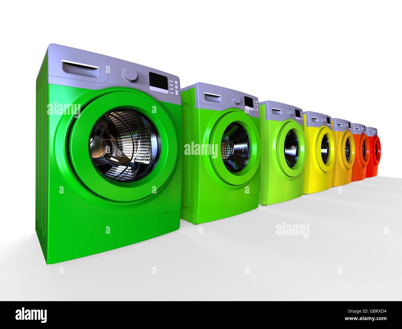 3D render Bild aus einer Reihe von Waschmaschinen in verschiedenen Farben,  ein Energie-Effizienz-Konzept darstellt Stockfotografie - Alamy