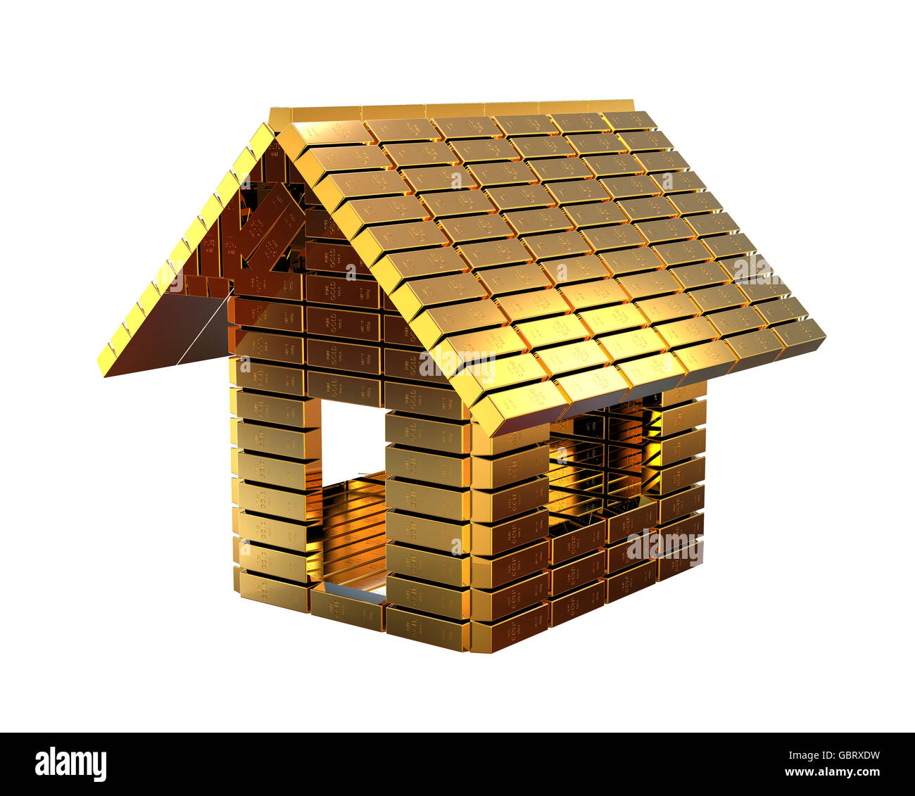 3D render Bild, ein Haus aus Goldbarren darstellt. Teure Haus Konzept. Stockfoto