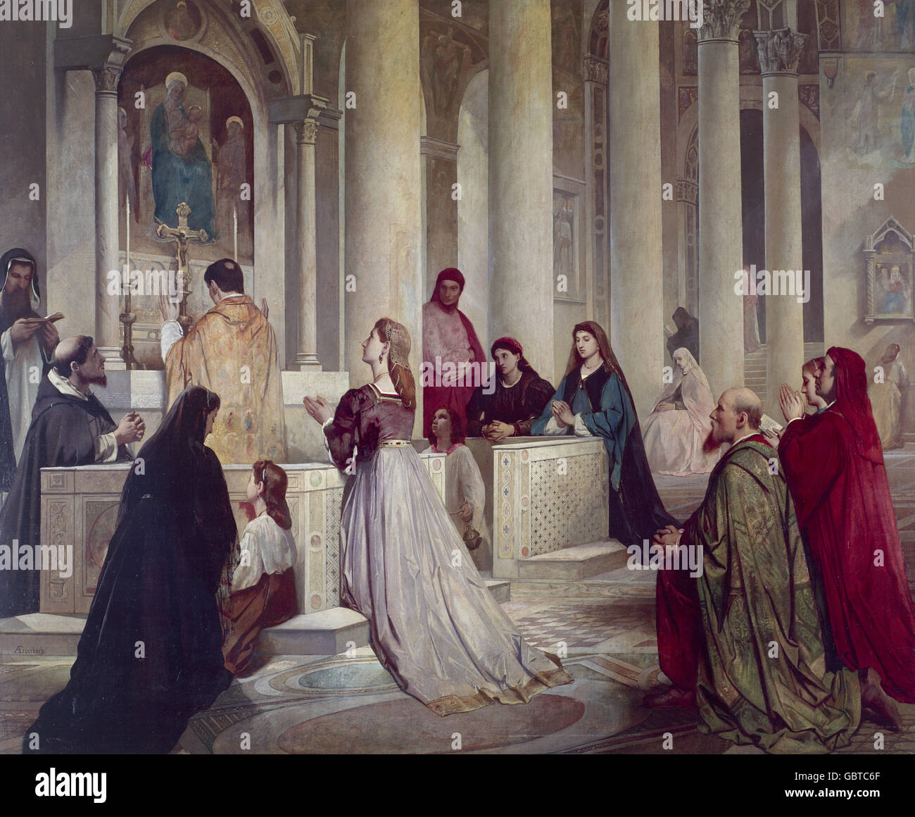 Bildende Kunst, Feuerbach, Anselm (12.9.1829 - 4.1.1880), Malerei "Laura in der Kirche" (Laura in der Kirche), 1864/1865, Schack-Galerie, München, Deutschland, Stockfoto