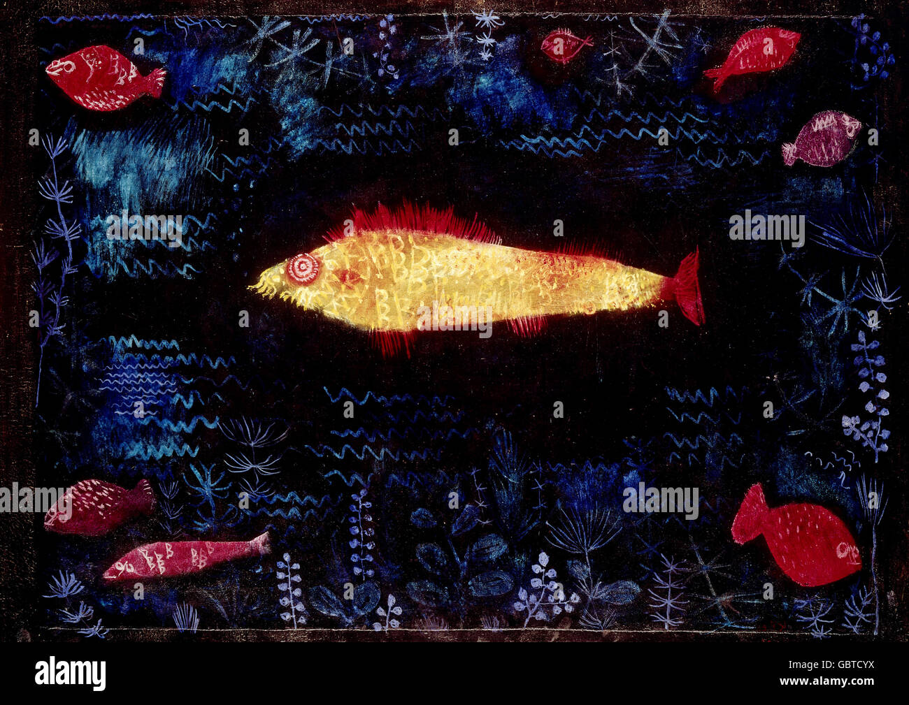 Bildende Kunst, Klee, Paul, (1879-1940), Malerei, "Der Goldene Fisch", ("Goldener Fisch"), 1925, Öl und Aquarell auf Karton, 49,6 cm x 62,2 cm, Halle für Kunst, Hamburg, Stockfoto