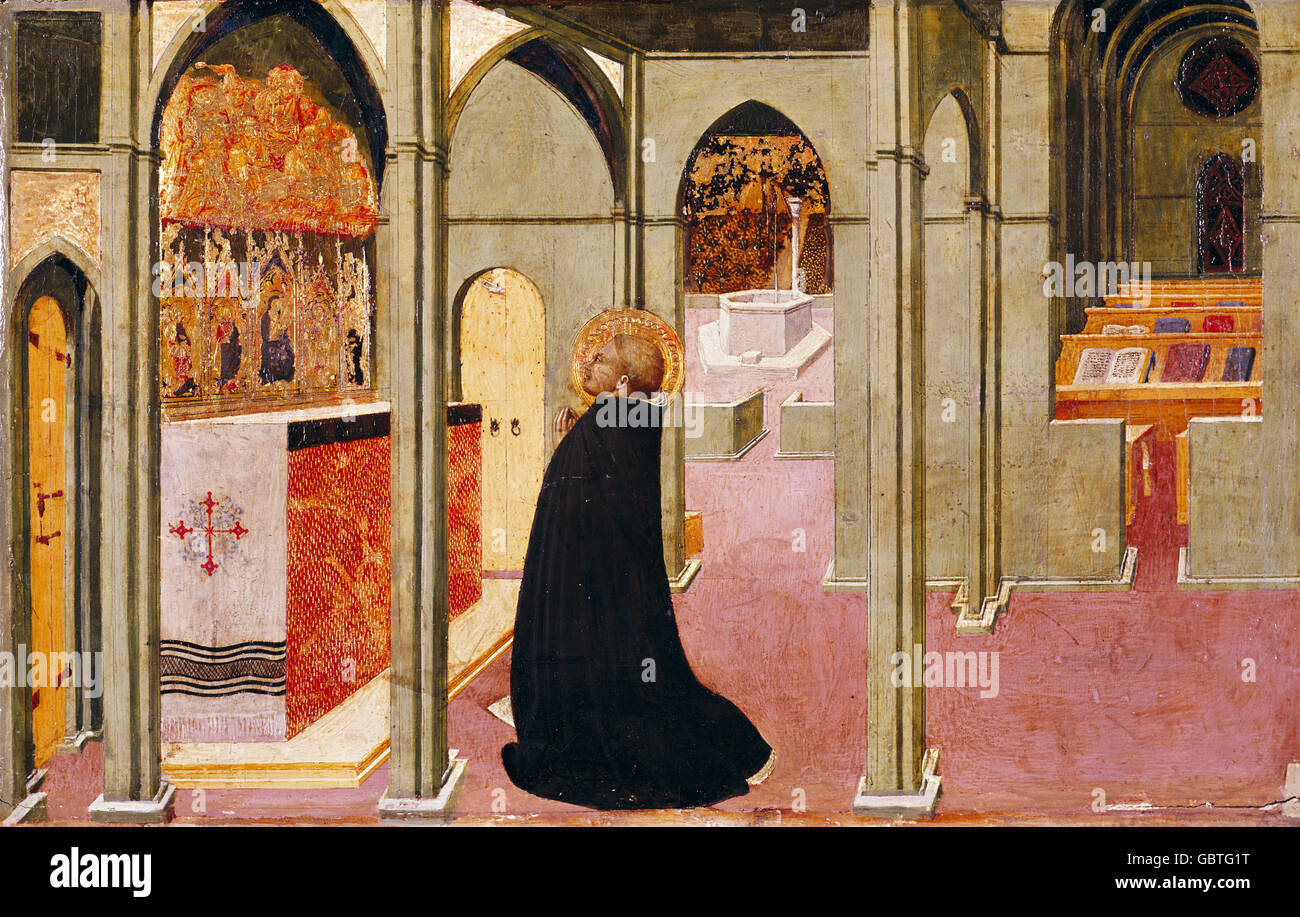 Bildende Kunst, Sassetta, (1392-1450), Malerei, "St. Thomas von Aquin auf dem Altar der Jungfrau Maria zu beten", Stockfoto