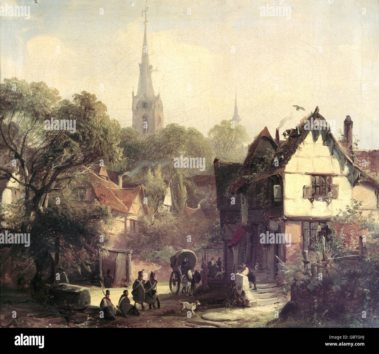 Bildende Kunst, Scheuren, Caspar Johann Nepomuk, (1810-1887), Malerei "Dorf", 1839, Öl auf Leinwand, 32,5 x 38,5 cm, Von der Heydt Museum, Wuppertal, Stockfoto