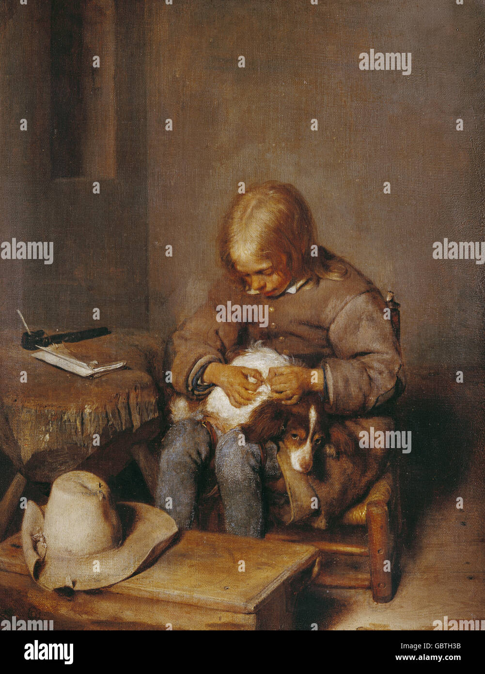 Bildende Kunst, Terborch, Gerard (1617-1681), Malerei, "Boy zu befreien, seinen Hund Flöhe", ca. 1655, Öl auf Leinwand, 34 x 27 cm, Alte Pinakothek, München, Stockfoto