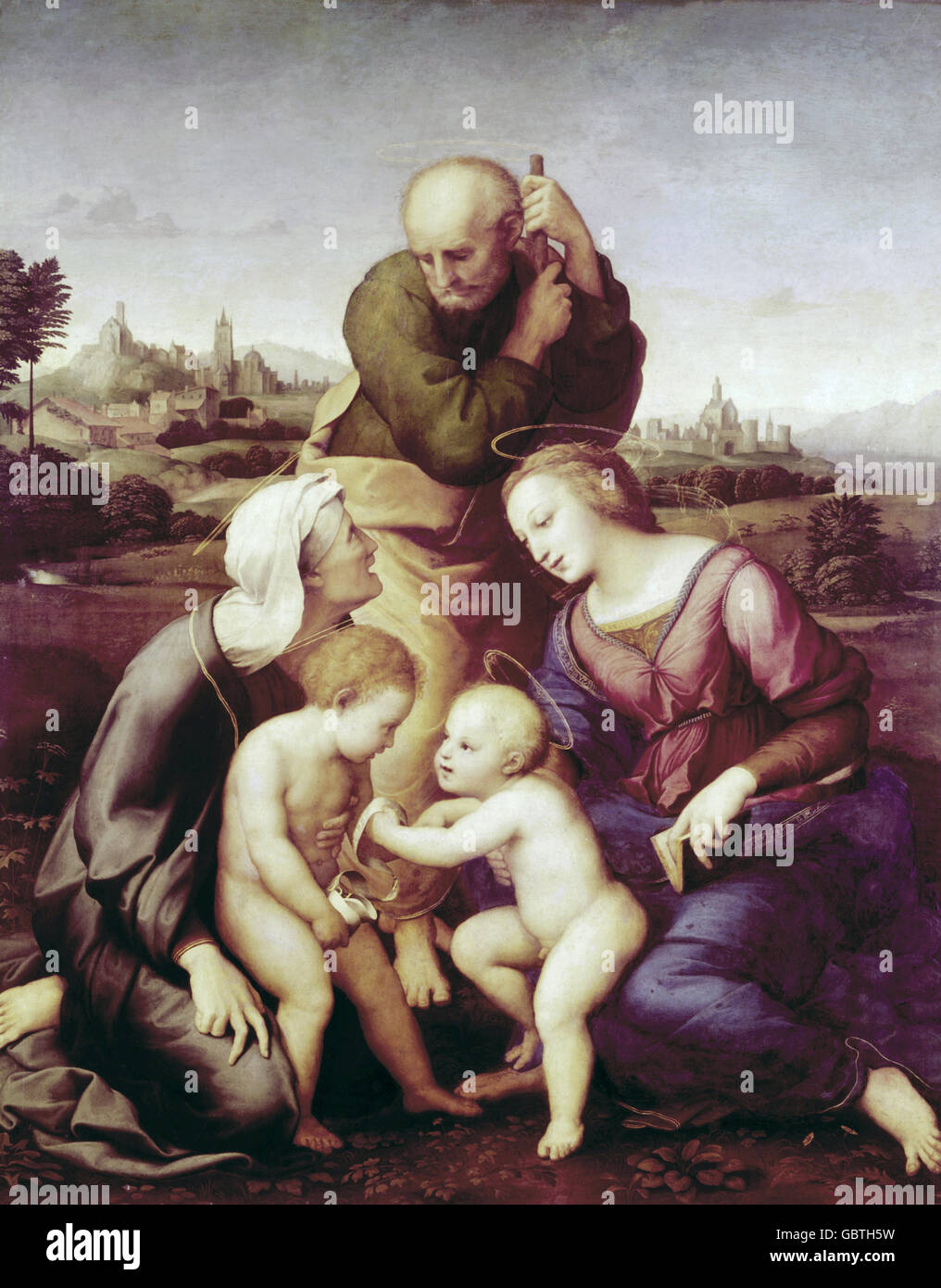 Bildende Kunst, Raffael (Raffaello Santi) (6.4.1483 - 6.4.1520), "Die Canigiani Heilige Familie" Malerei, ca. 1505/1506, Öl auf Holz, 131 x 107 cm, Neue Pinakothek, München Stockfoto