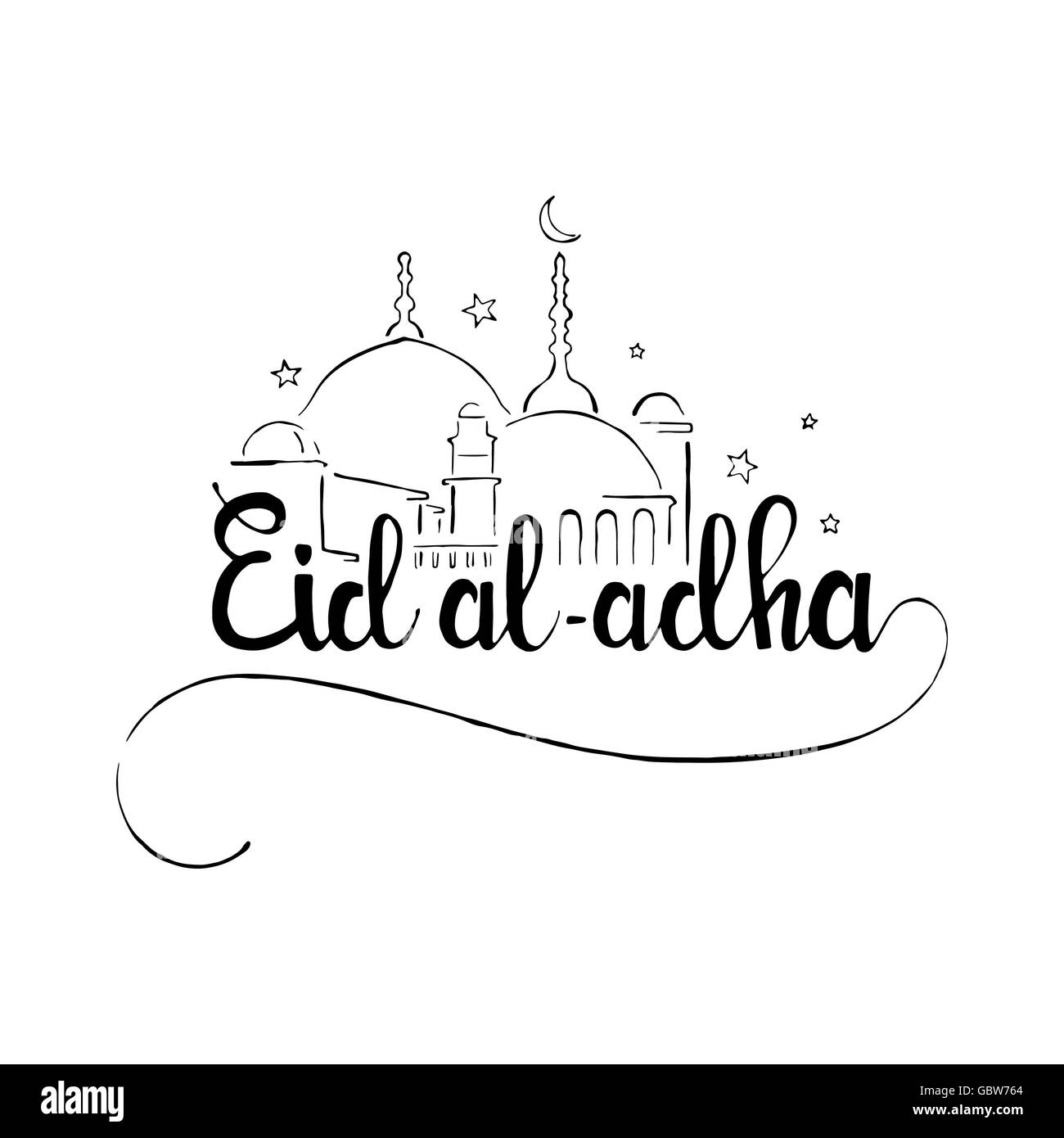 Eid al-Adha handschriftlich Schriftzug. Eid Mubarak. Moderne Vektor handgezeichnete Kalligraphie mit Moschee isoliert auf weißem Hintergrund Stock Vektor