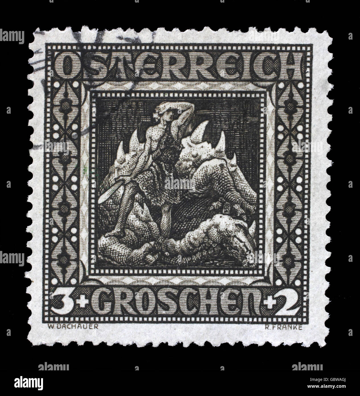 Stempel Drucken in Österreich zeigt habben nach der Schlacht mit der Lindwurm, der Ring des Nibelungen, Richard-Wagner-Oper Stockfoto