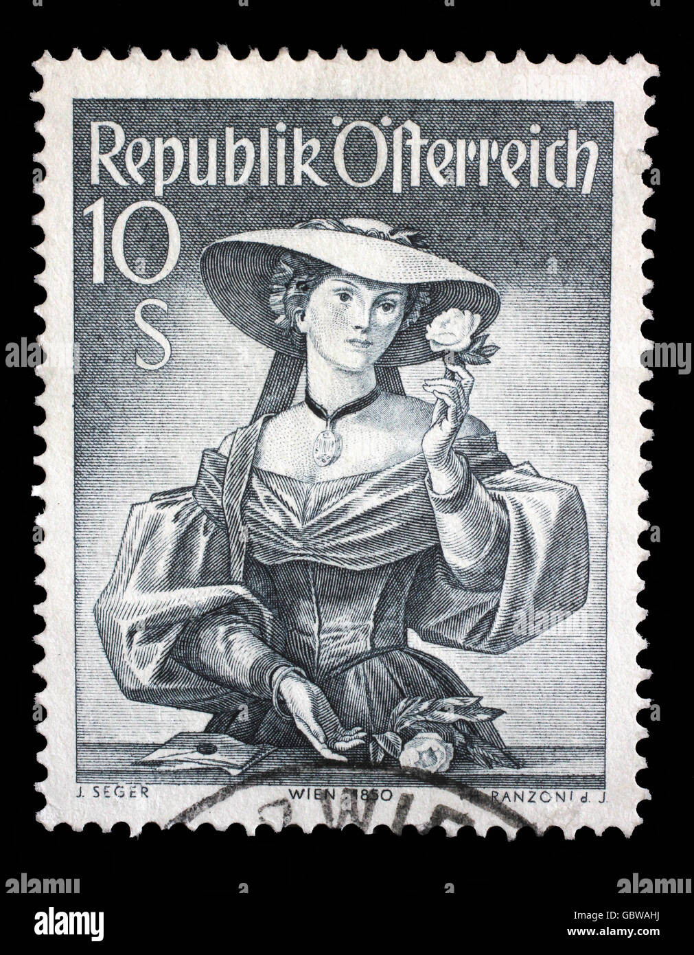 Briefmarke gedruckt durch Österreich, zeigt Frau aus Wien (ca. 1850), Lesachtal, provinzielle Kostüme Stockfoto