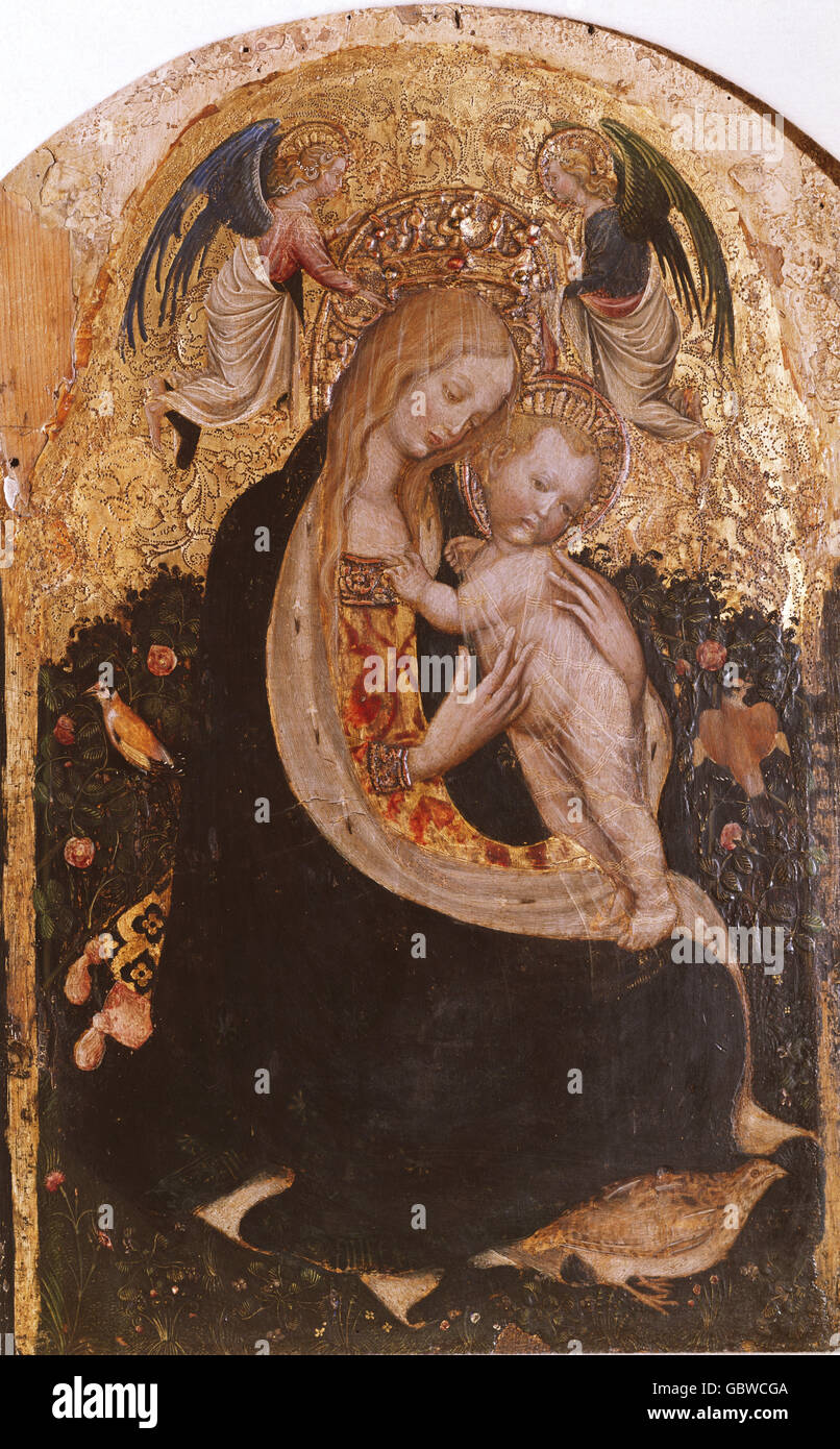 Bildende Kunst, Pisanello (1395-1455), Malerei, "Madonna mit Wachtel", Tempera auf Verkleidung, circa 1420, Castelvecchio, Verona, Stockfoto