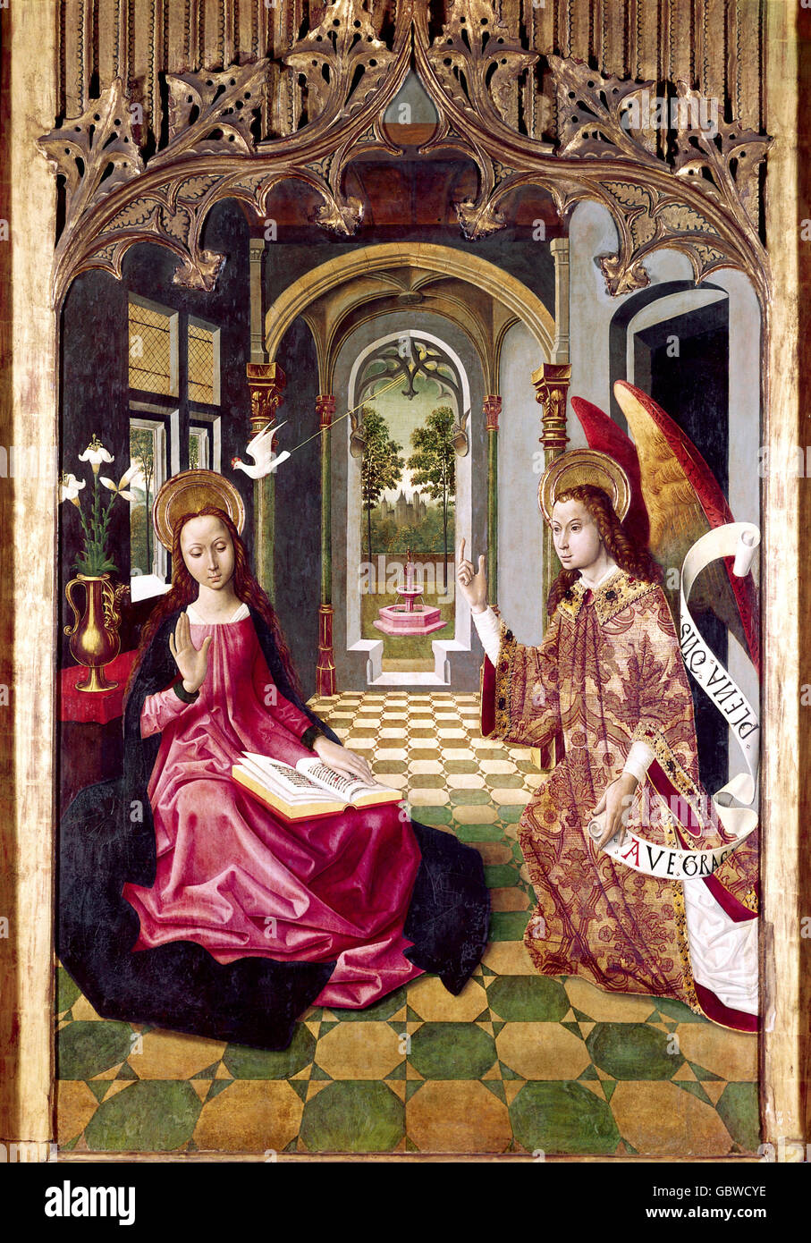 Bildende Kunst, sakrale Kunst, Saint Mary, Verkündigung, Tafelbild, von Puigcerda, Gerona, Master of Seo de Urgel, Ende des 15. Jahrhunderts, Museo de Arte Anigio, Barcelona, Stockfoto