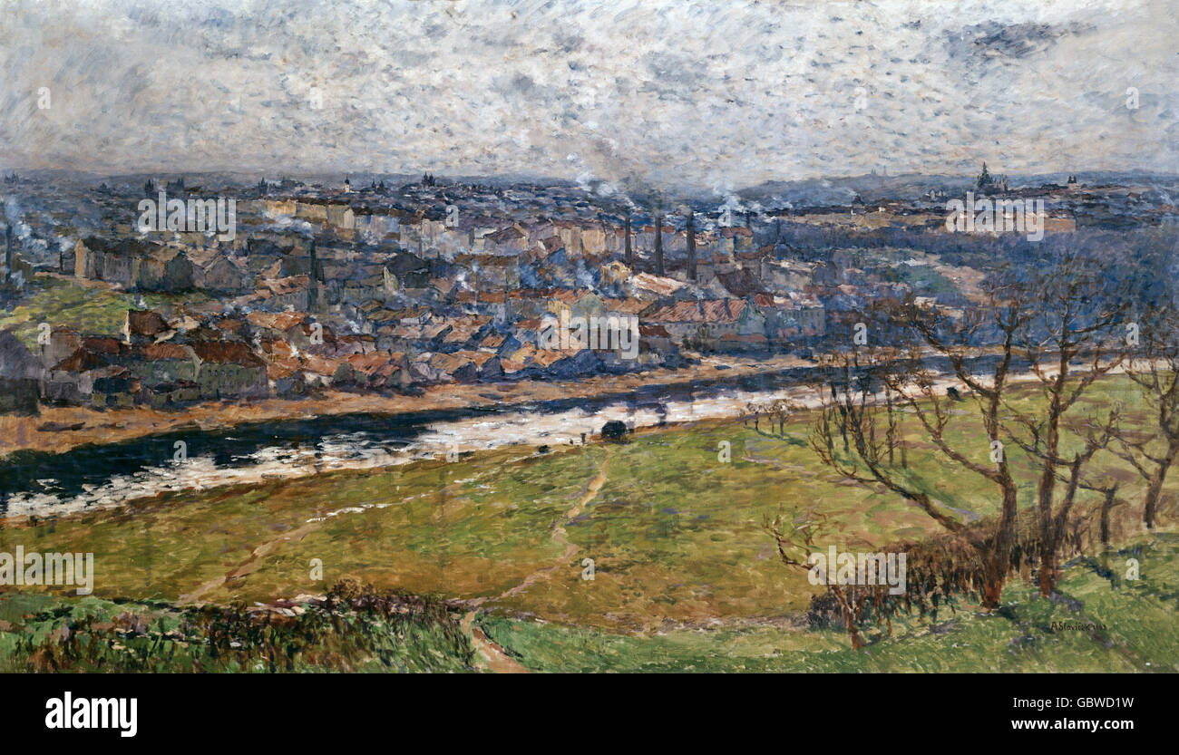 Bildende Kunst, Slavicek, Antonin (1870 – 1910), Gemälde 'Ansicht von Prag aus Ladvi', 1908, moderne Galerie, Prag, Stockfoto