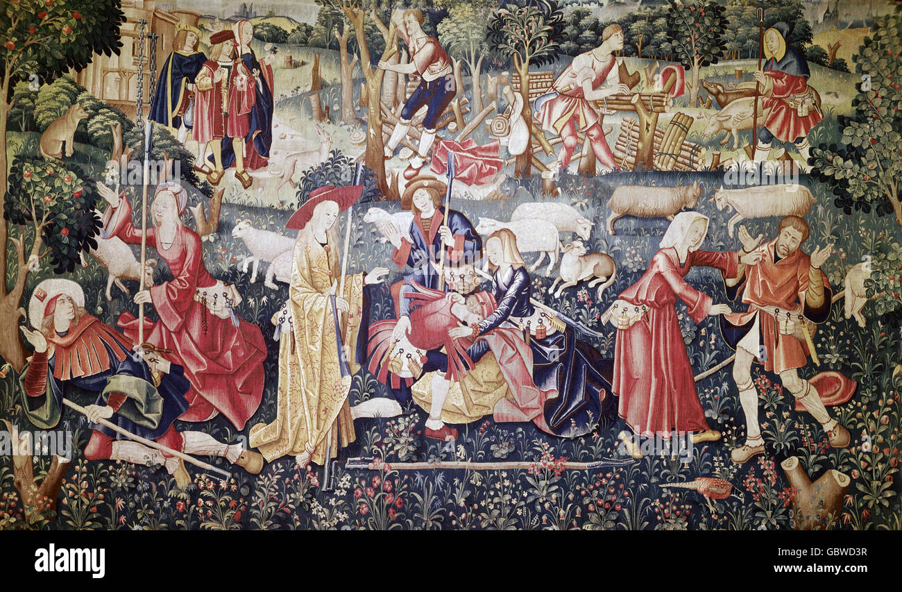 Bildende Kunst, Teppich, Teppich, pastorale "La Main Chaude', 15. Jahrhundert, Victoria & Albert Museum, London, Stockfoto