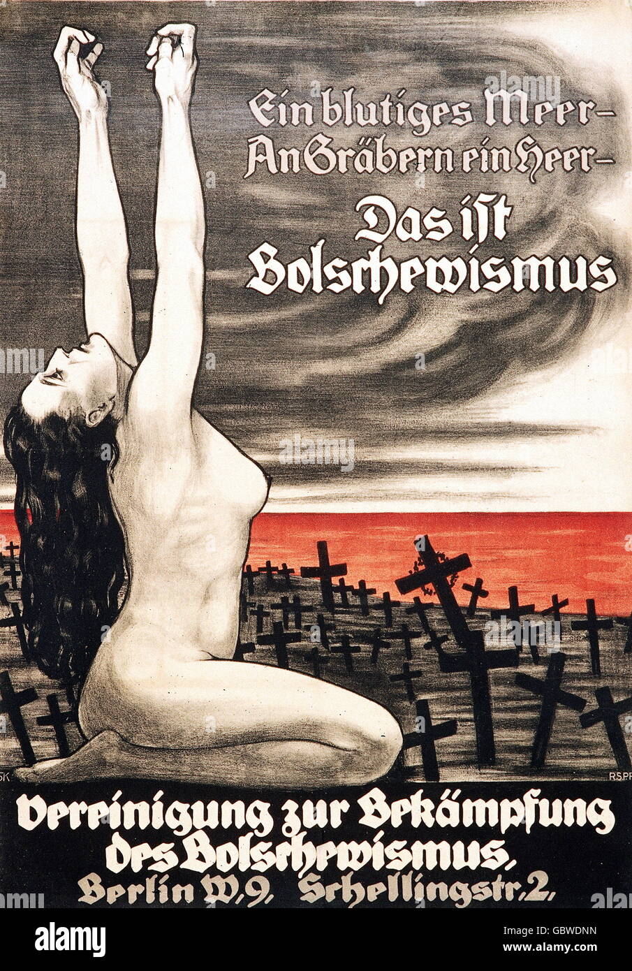 Geographie / Reisen, Deutschland, Politik, Propaganda gegen den Kommunismus, Plakat der Vereinigung der Gewalt gegen den Bolschewismus, Lithographie, Berlin, um 1919, Zusatzrechte-Clearences-nicht vorhanden Stockfoto