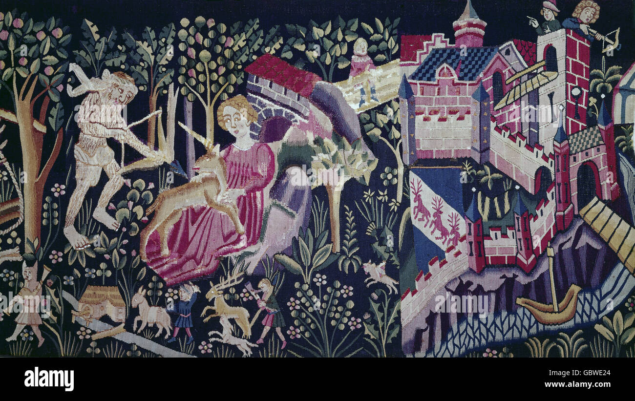 Bildende Kunst, Goblin, Unicorn Hunt, fränkischen, Mitte des 15. Jahrhunderts, Bayerisches Nationalmuseum, München, Stockfoto