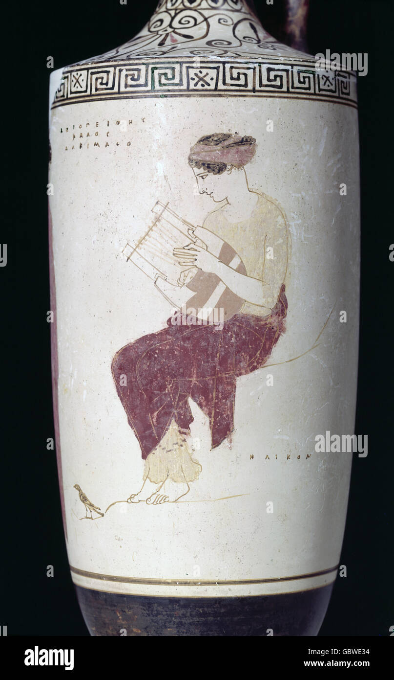 Bildende Kunst, Hellas, Klassik (500-323 v. Chr.), Vase, "Mädchen spielen Leier", Beerdigung Lekythos, ca. 440 v. Chr., staatliche Sammlungen von Antiquitäten München Stockfoto