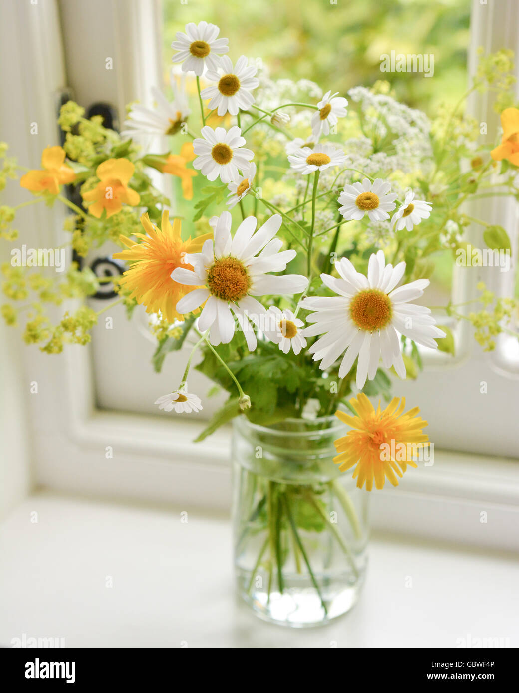 Jam Jar Blumen - ziemlich informelle Abmachung von gelben und weißen Sommer Wildblumen auf Küche Fensterbank in Großbritannien Stockfoto