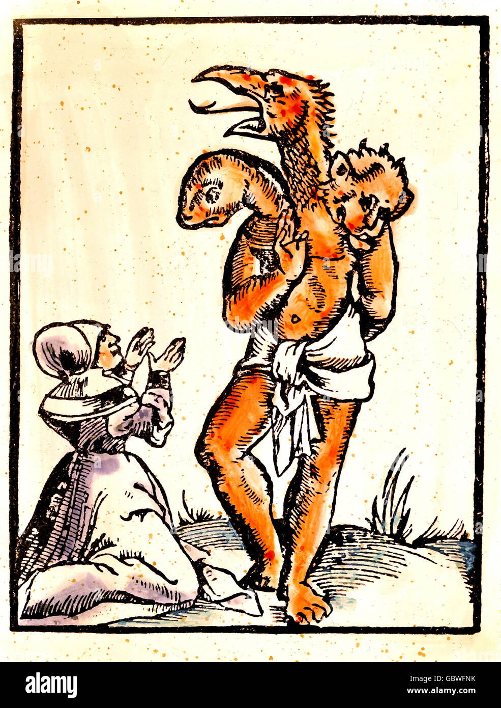 Hexen, Hexenperformance mit dreiköpfigen Monster für König Marcomir, Farbholzschnitt zu 'Cosmographia universalis', von Sebastian Münster, Basel, 1544, Privatsammlung, Additional-Rights-Clearences-not available Stockfoto