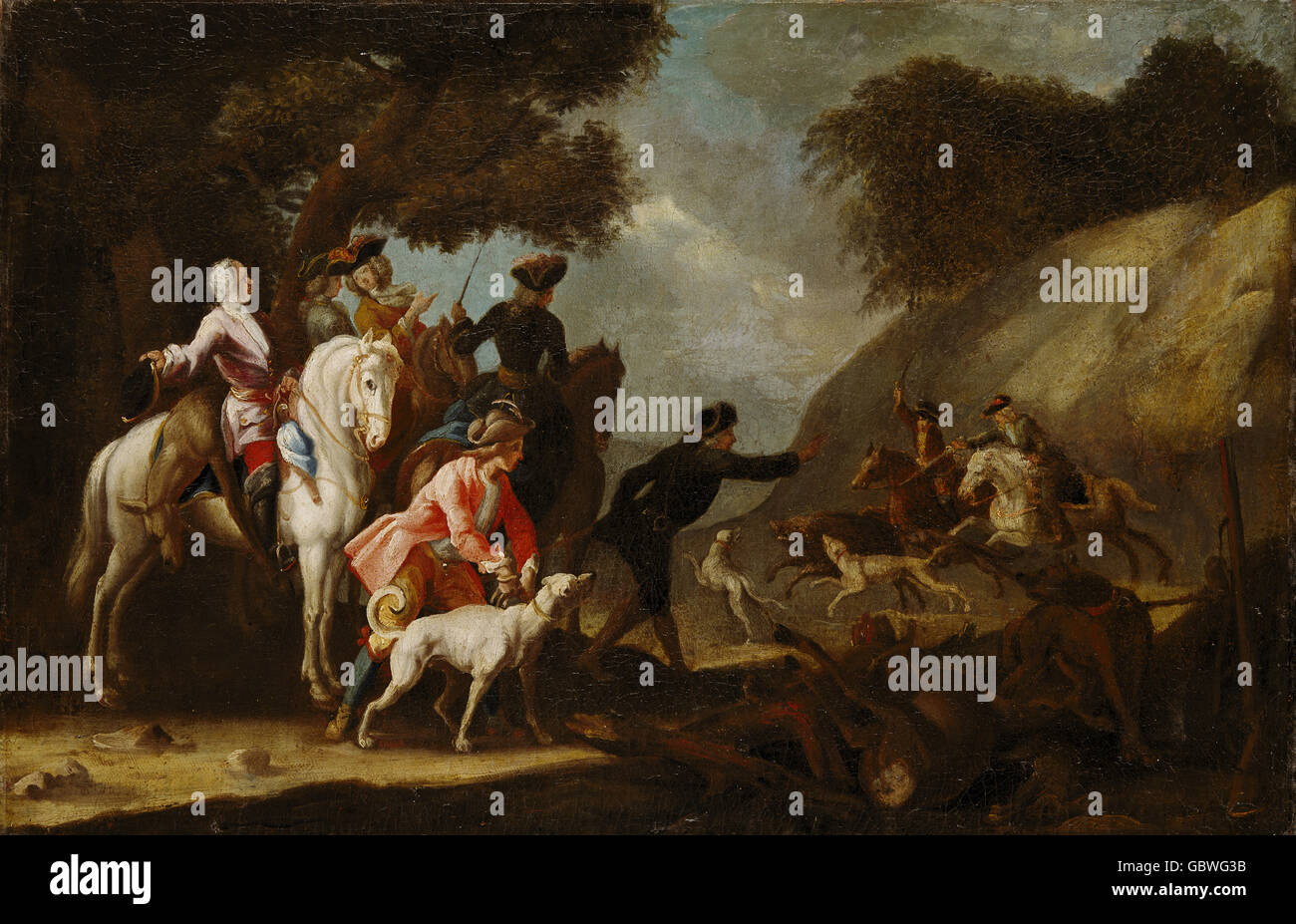 Jagd, Wildschweine, Coursing, Wildschweinjagd, Malerei, süddeutscher Meister, um 1750, Zusatzrechte-Clearences-nicht vorhanden Stockfoto