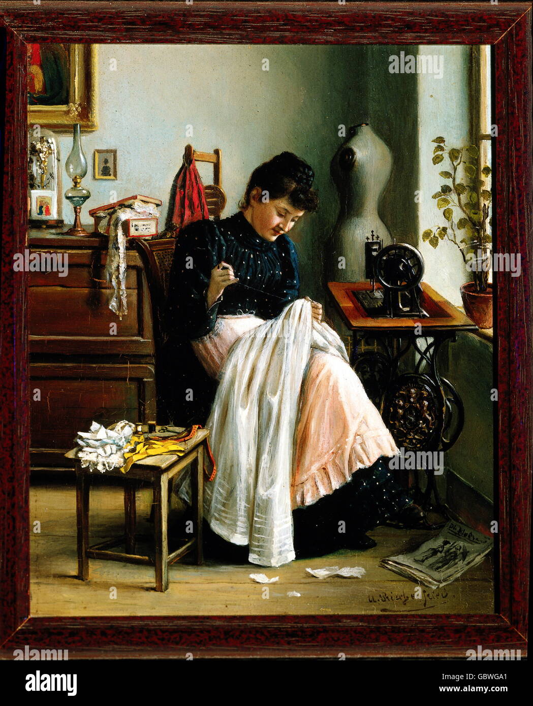 Personen, Berufe, Näherin an der Nähmaschine, Malerei, Öl auf Platte, um 1860, Zusatzrechte-Abfertigung-nicht vorhanden Stockfoto