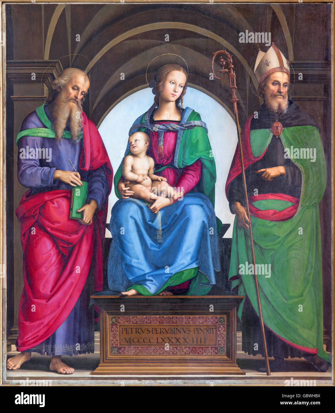 CREMONA, Italien - 24. Mai 2016: Das Keuchen der Madonna, Johannes der Evangelist und St. Augustine von Petrus Perusinus (1493) Stockfoto