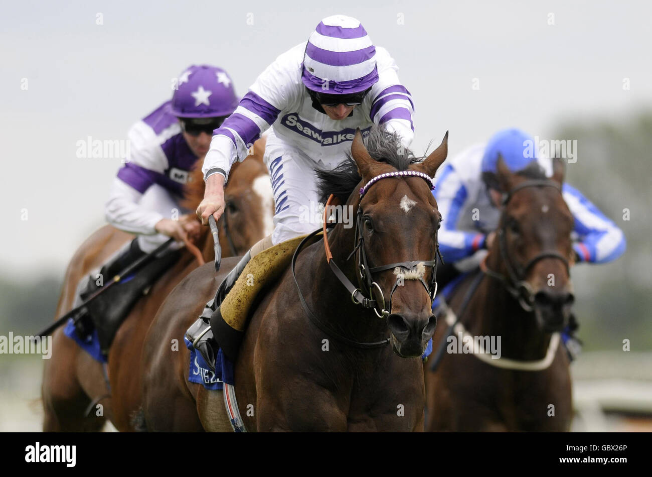 Hohes Ansehen, das von Ryan Moore (Mitte) geritten wird, gewinnt beim Weatherbys Super Sprint Day auf der Newbury Racecourse, Berkshire, die Shadwell Stakes. Stockfoto