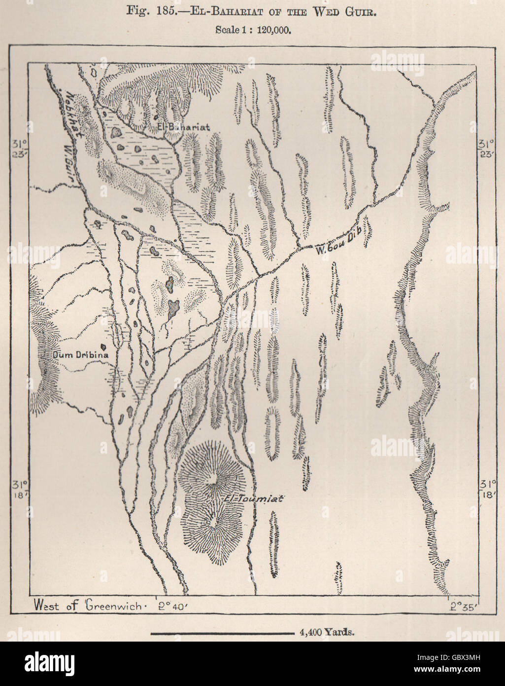 El-Bahariat der Mi-Guir (Oued Ghir). Algerien, 1885 Antike Landkarte Stockfoto