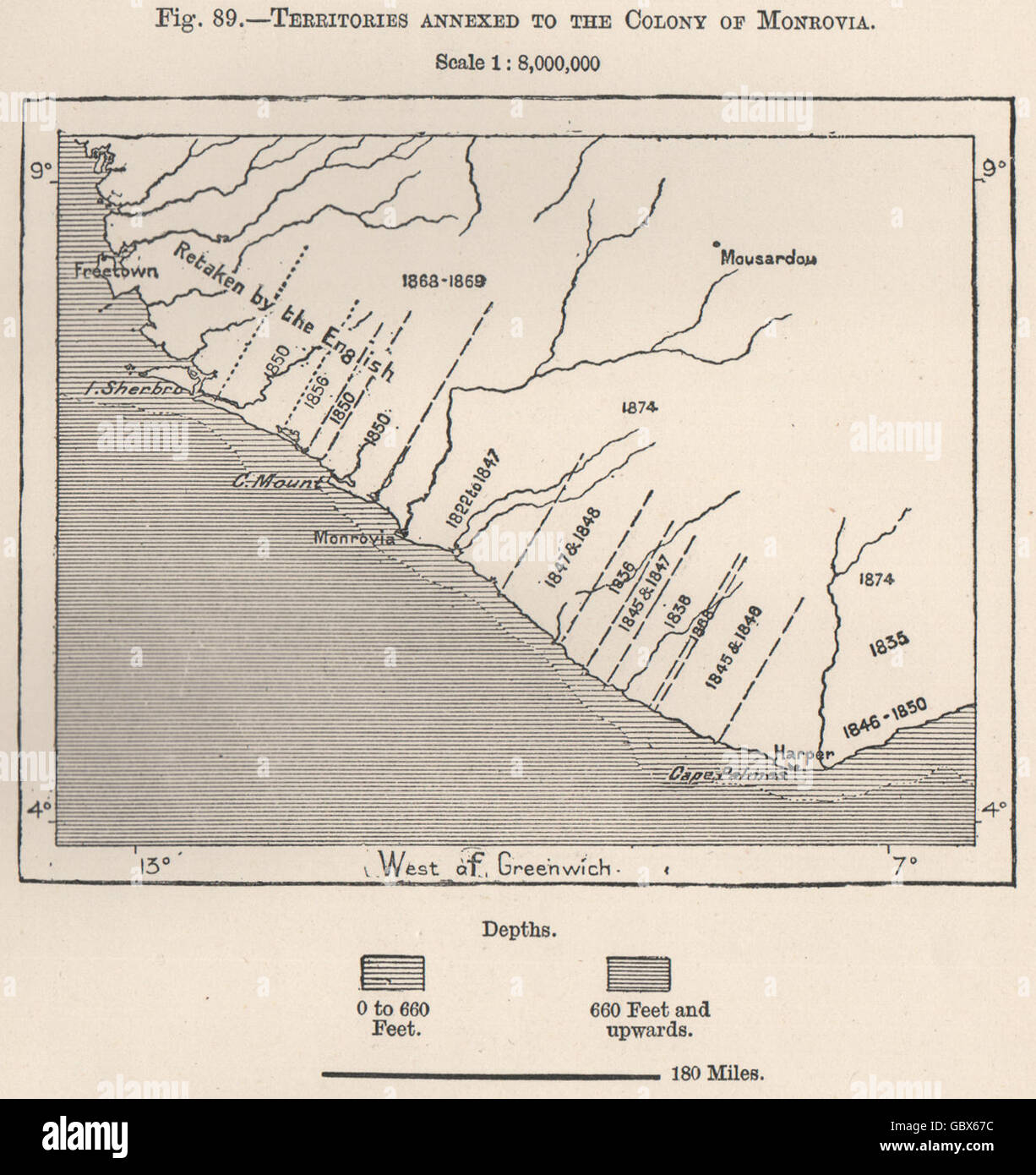 Gebiete, die Kolonie von Monrovia beigefügt. Liberia. Oberen Guinea, 1885-Karte Stockfoto