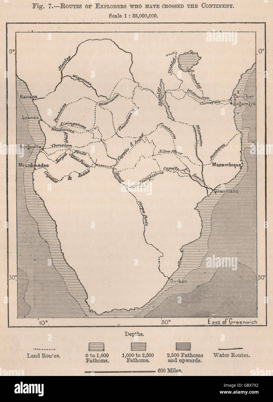 Routen der Entdecker, die den Kontinent durchquert haben. Afrika. Angola, 1885-Karte Stockfoto