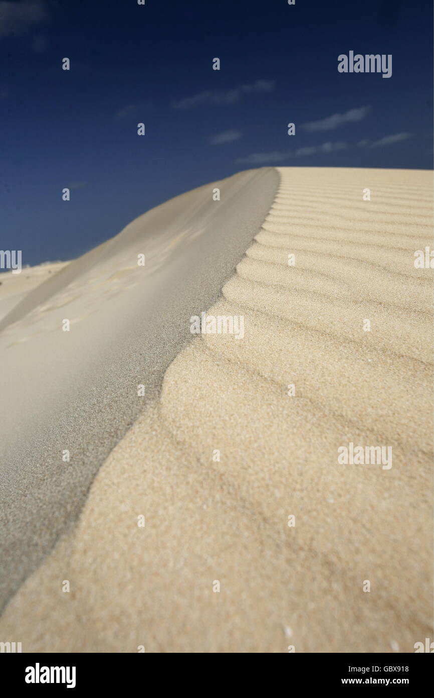 die Dünen von Corralejo im Norden der Insel Fuerteventura auf der Kanarischen Insel von Spanien in den Atlantischen Ozean. Stockfoto