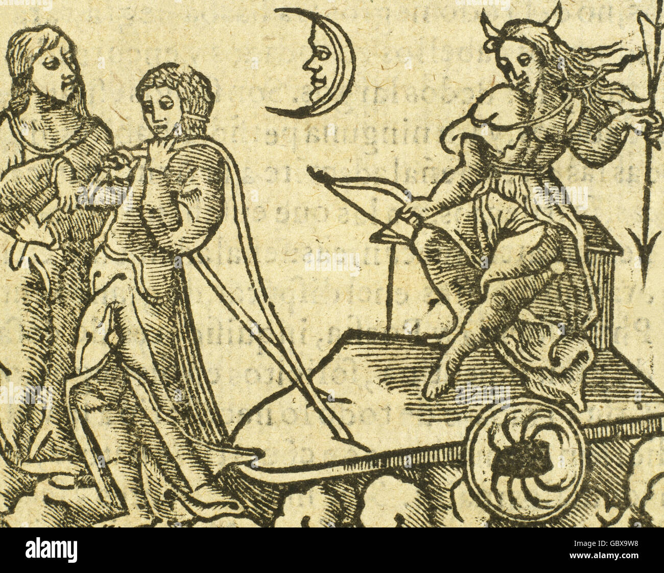 Der Mond und die Sternzeichen unter ihrem Einfluss. Gravur in "Chronografia y Repertorio de Los Tiempos", 1585 durch Francisco Vicente de Tornamira (1534-1597). Stockfoto