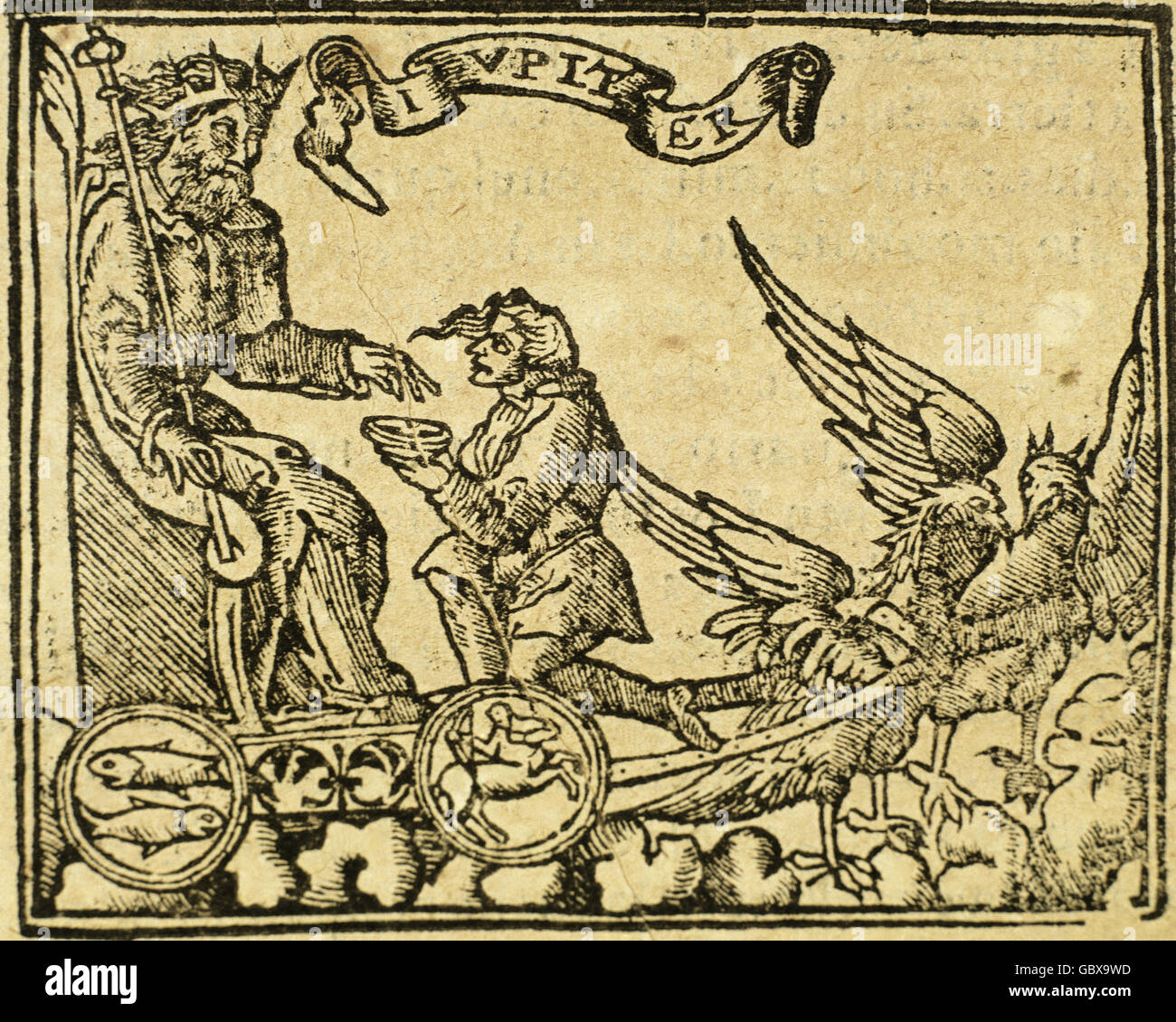 Planeten Jupiter und die Tierkreiszeichen unter ihrem Einfluss. Gravur in "Chronografia y Repertorio de Los Tiempos", 1585 durch Francisco Vicente de Tornamira (1534-1597). Stockfoto