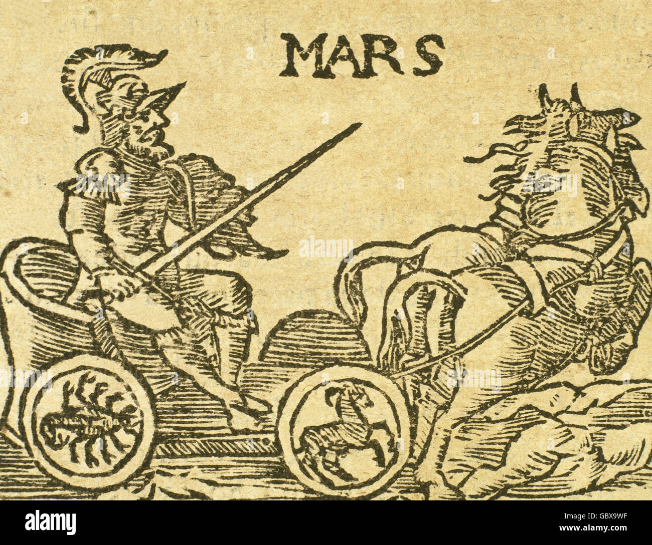 Planeten Mars und die Tierkreiszeichen unter ihrem Einfluss. Gravur in "Chronografia y Repertorio de Los Tiempos", 1585 durch Francisco Vicente de Tornamira (1534-1597). Stockfoto