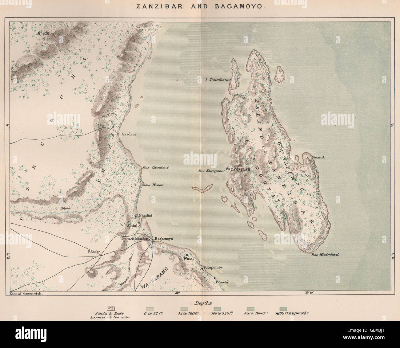 Sansibar und Bagamoyo. Tansania. Deutsch-Ostafrika 1885 Antike Landkarte Stockfoto