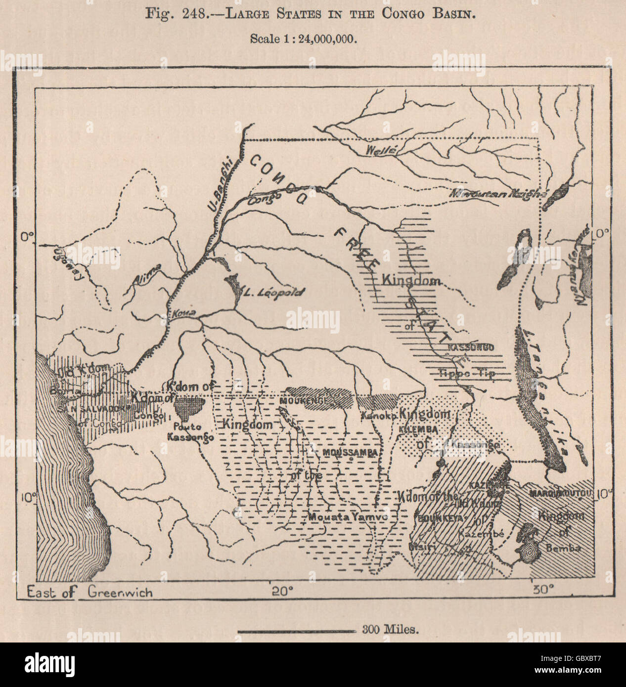 Großen Staaten im Kongobecken. Kongo-Freistaat. Angola. DR Congo, 1885-Karte Stockfoto