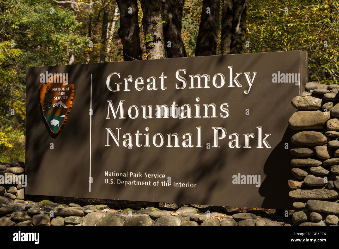 Ortseingangsschild nach Great Smoky Mountains National Park, NC, USA Stockfoto