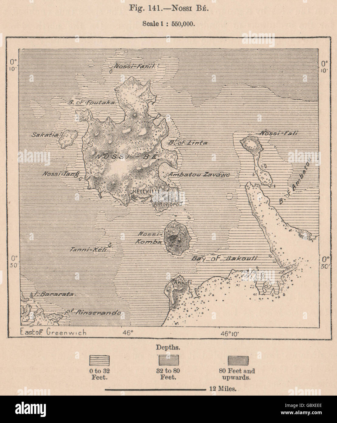 Nossi Bé. Neugierig sein. Madagaskar, 1885 Antike Landkarte Stockfoto