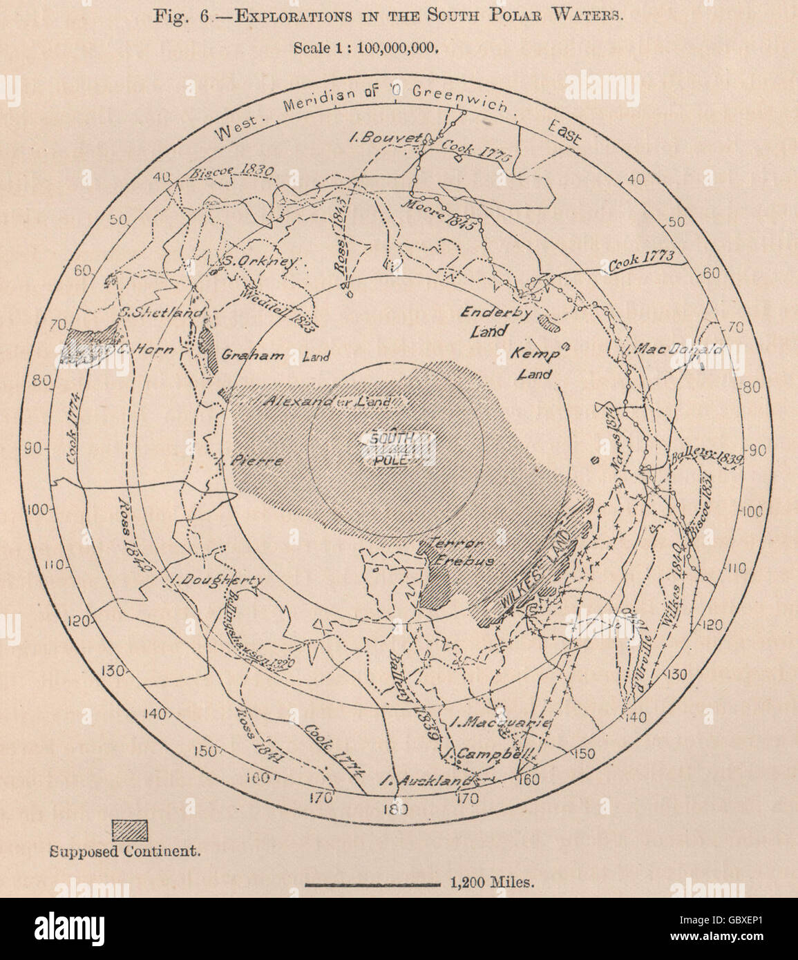 Erkundungen der Süden polaren Gewässern. Antarktis, 1885 Antike Landkarte Stockfoto