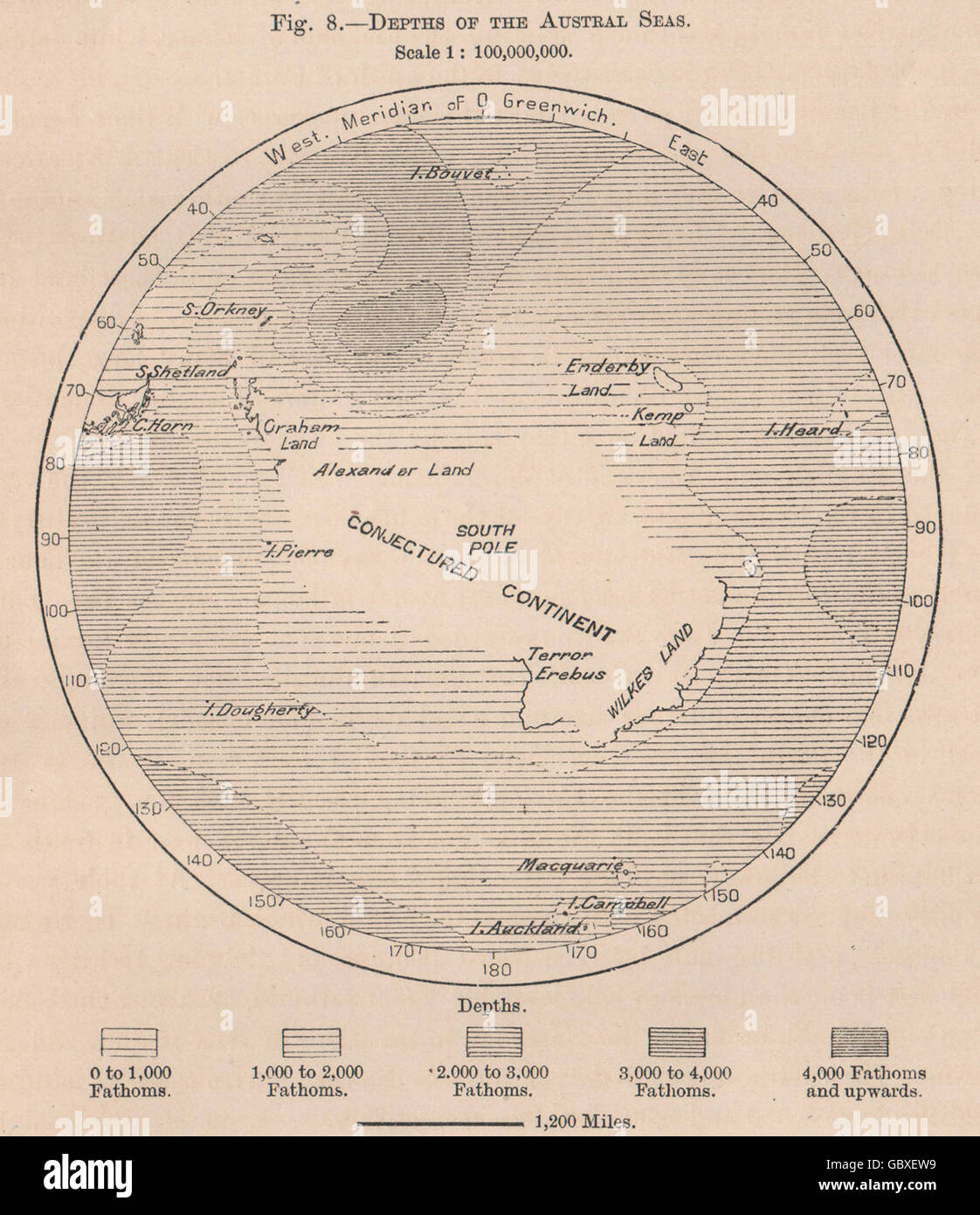 Tiefen der Meere Austral. Antarktis, 1885 Antike Landkarte Stockfoto