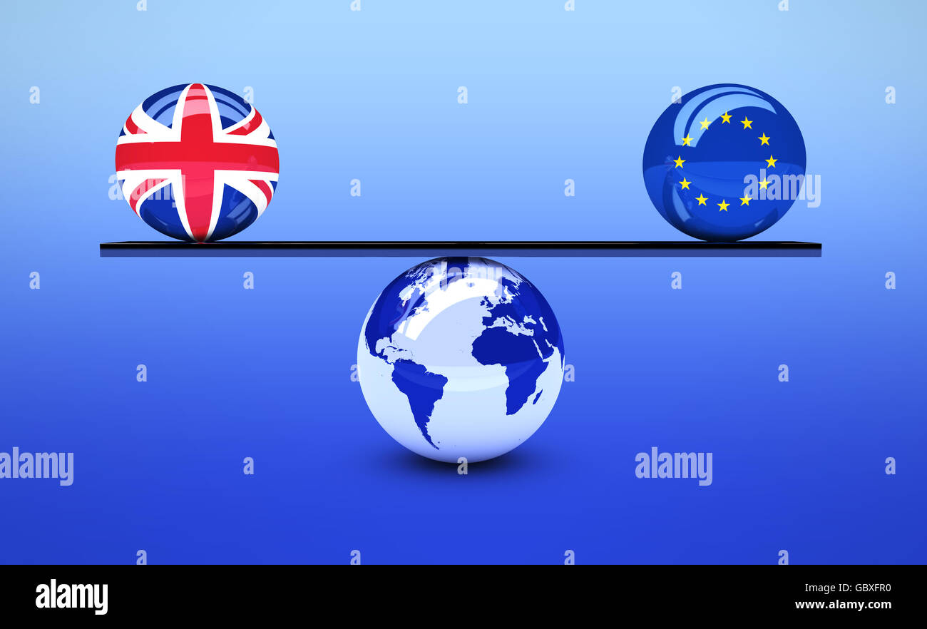 Brexit britischen Referendum mit UK- und EU-Flagge Kugeln balancieren auf Welt Karte Globus 3D Illustration Konzept. Stockfoto