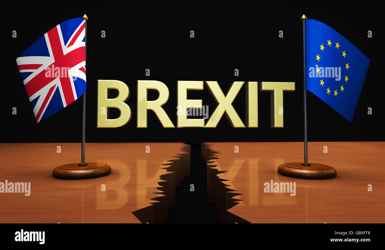 Brexit-Konzept mit Zeichen und Union Jack-EU Flagge getrennt auf einem gebrochenen Schreibtisch 3D Illustration. Stockfoto