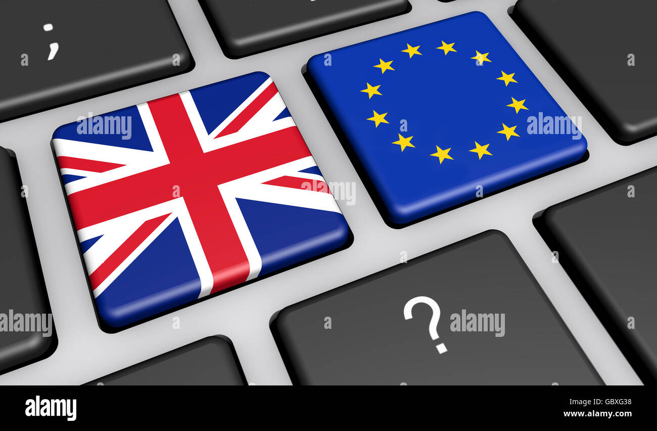 Brexit Konzept mit UK- und EU-Flagge auf einer Computer-Tastatur 3D Illustration. Stockfoto