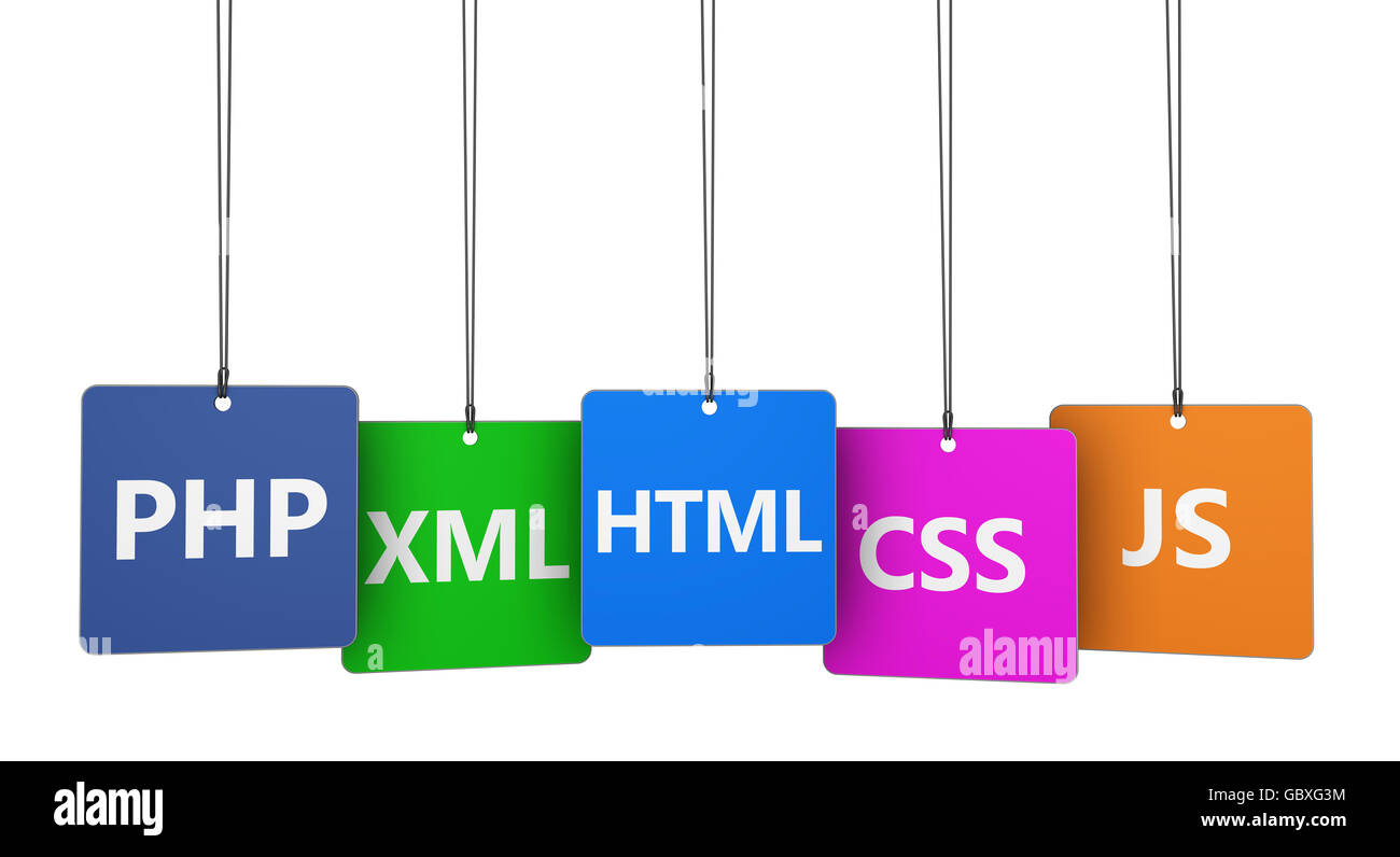 Website, Internet und digitale Medien-Entwicklungskonzept mit Programmiersprachen auf farbiges Papier Tags 3d Illustration zu unterzeichnen. Stockfoto