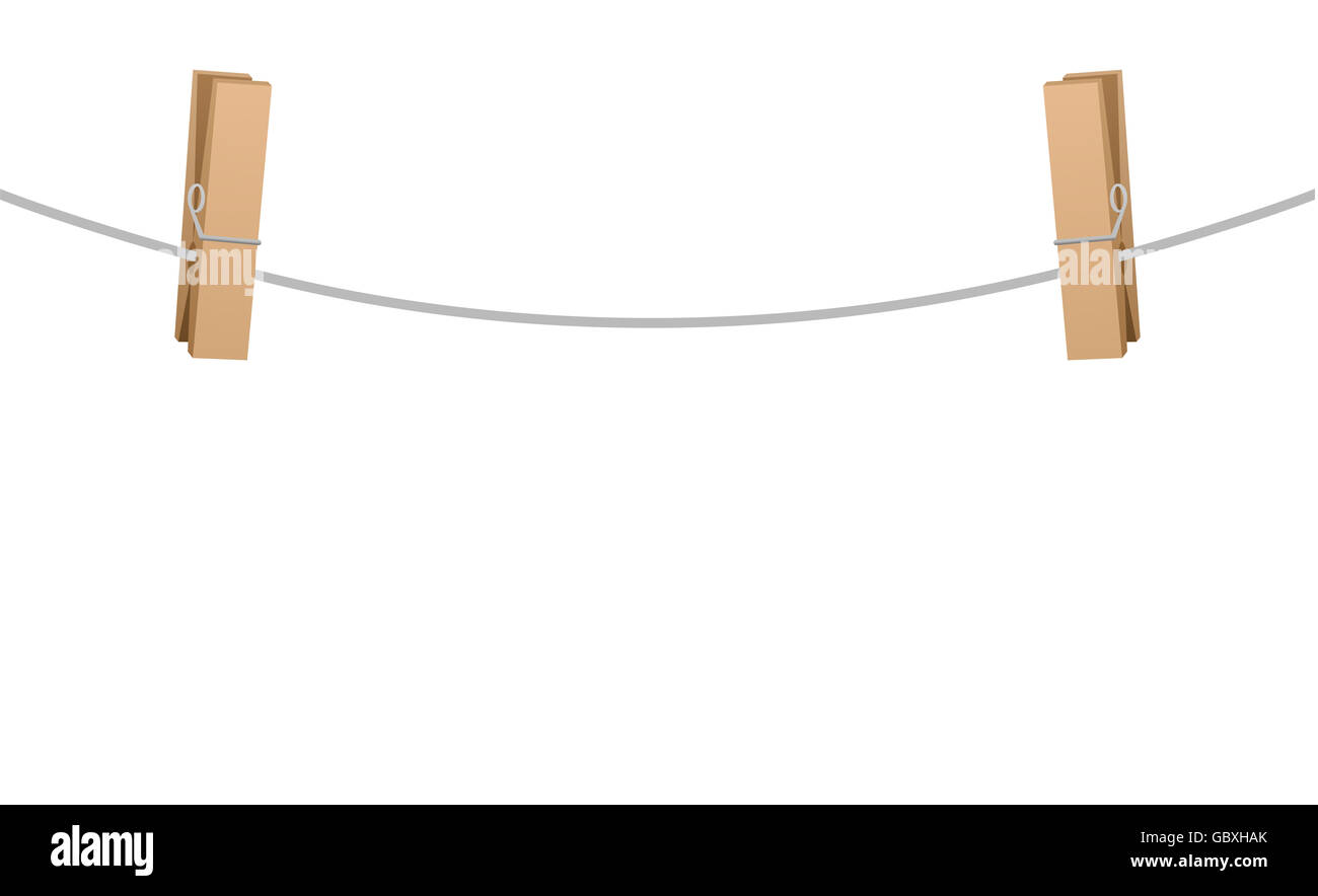 Zwei hölzerne Wäscheklammern auf eine Wäscheleine Seil abgeschnitten. Stockfoto