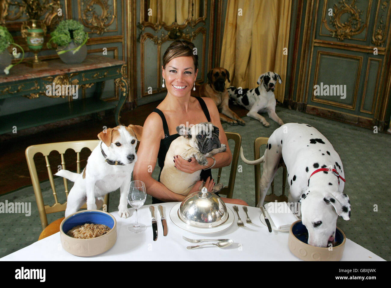 Tara Palmer-Tomkinson posiert mit (von links nach rechts) Terrier 'Scramble', French Bull Dog 'Maude' und Dalmation 'Phoebe' im Clivedon Hotel in Berkshire zur Vorstellung des Films Hotel for Dogs, der am Montag, den 13. Juli, auf DVD und Blu-ray erscheint. Stockfoto