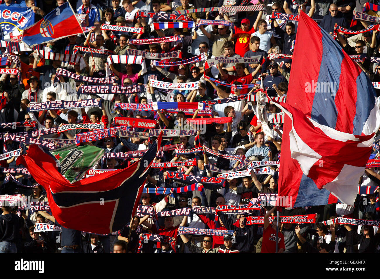 Fußball - Italienische Serie A - Bologna / Atalanta. Bologna-Fans winken zur Unterstützung ihres Teams ihre Fahnen Stockfoto