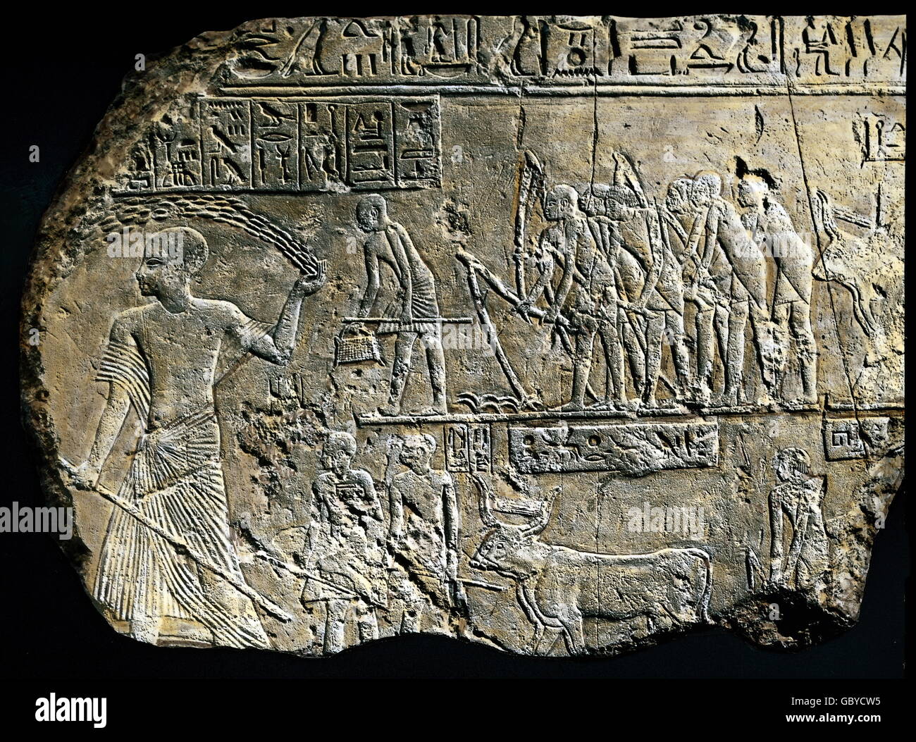 Geographie / Reisen, Ägypten, Landwirtschaft, Anbau, Relief, Fragment, Kalkstein, Meriptah-Grab, Memphis, 19. Dynastie (1306 - 1186 v. Chr.), Württembergisches Landesmuseum Karlsruhe, Additional-Rights-Clearences-not available Stockfoto